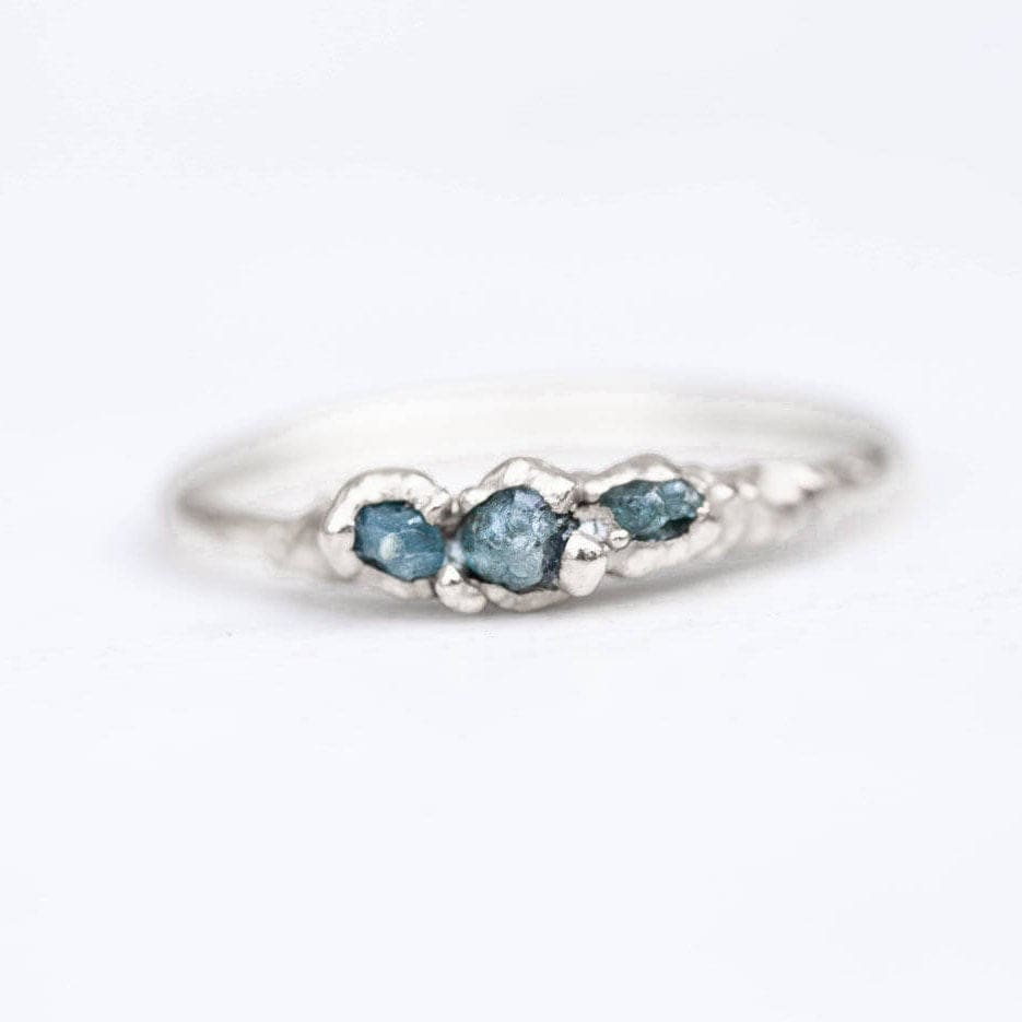 Three Stone Raw Blue Diamond Ring in Sterling Silver