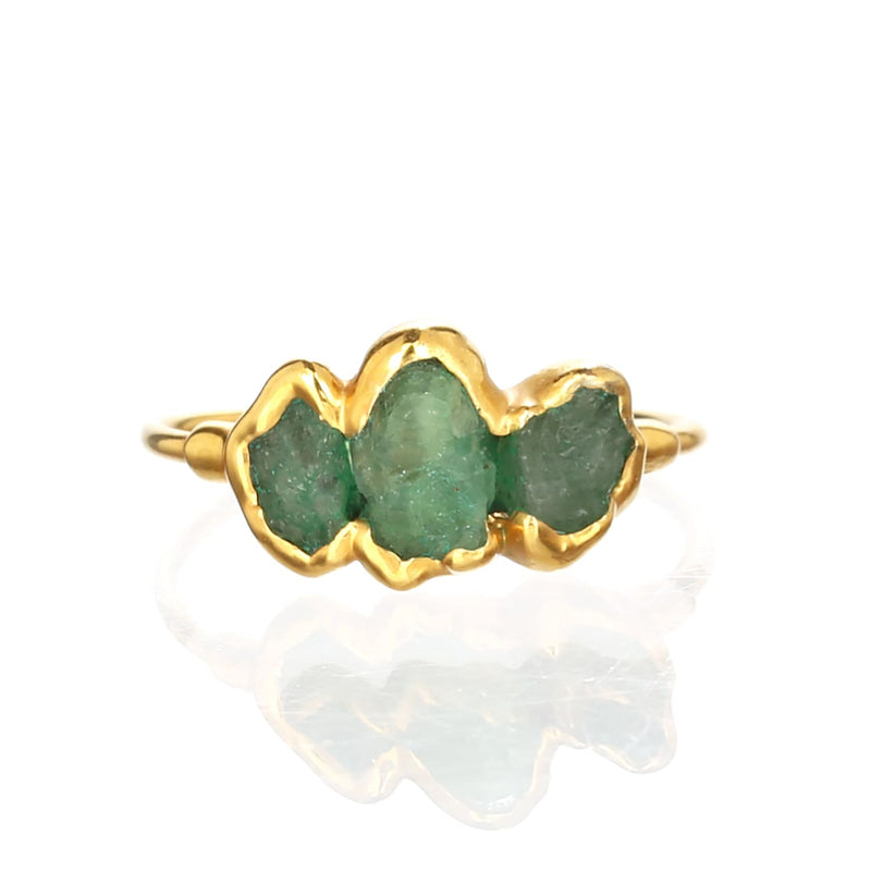 Three Stone Raw Emerald Ring in Yellow Gold Gemstone Jewelry