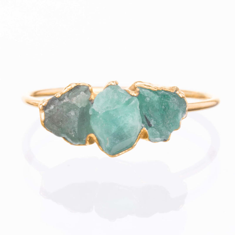 Three Stone Raw Emerald Ring in Yellow Gold Gemstone Jewelry