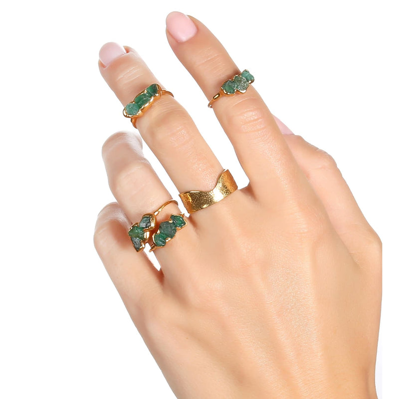 Three Stone Raw Emerald Ring in Yellow Gold Gemstone Jewelry