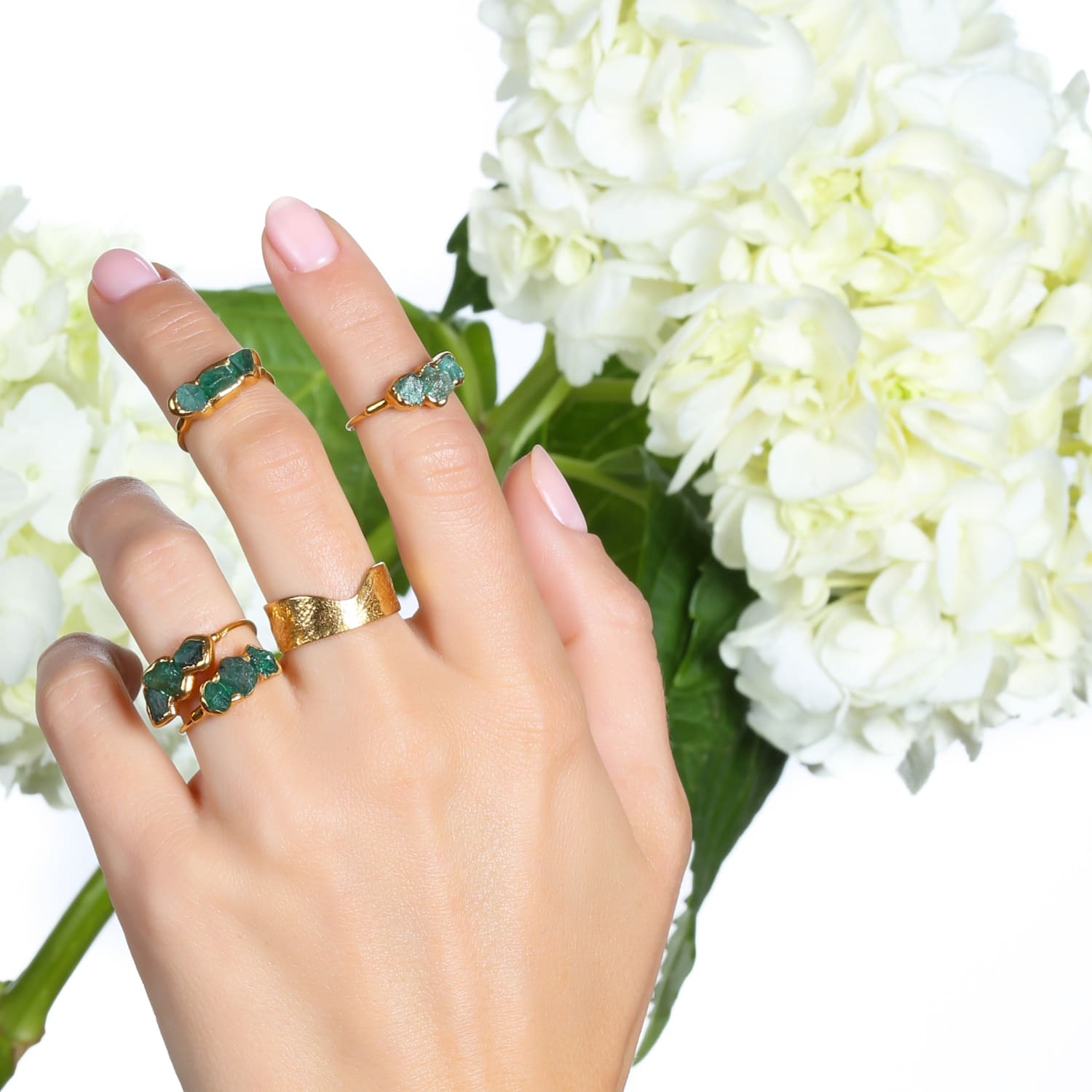 Three Stone Raw Emerald Ring in Yellow Gold Gemstone Jewelry