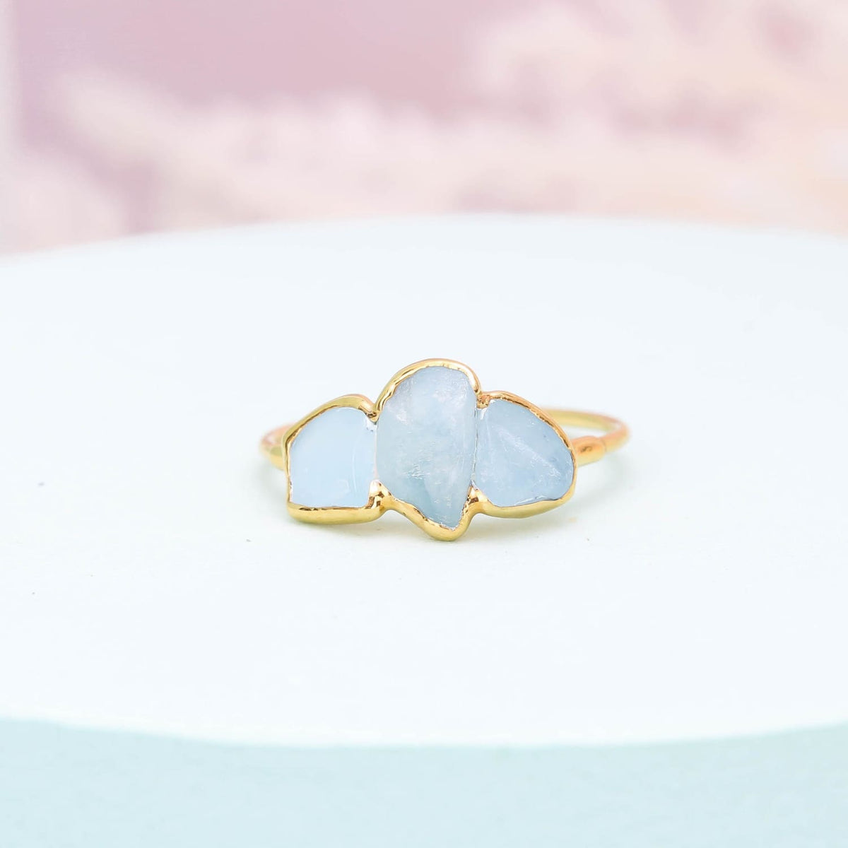 Triple Raw Aquamarine Ring in Yellow Gold Smooth Stones