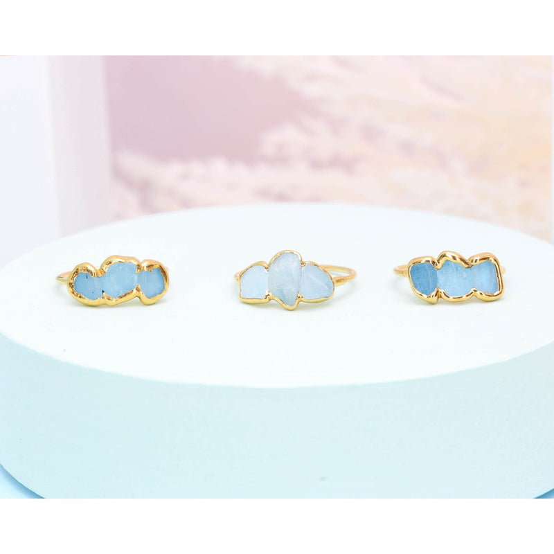 Triple Raw Aquamarine Ring in Yellow Gold Smooth Stones