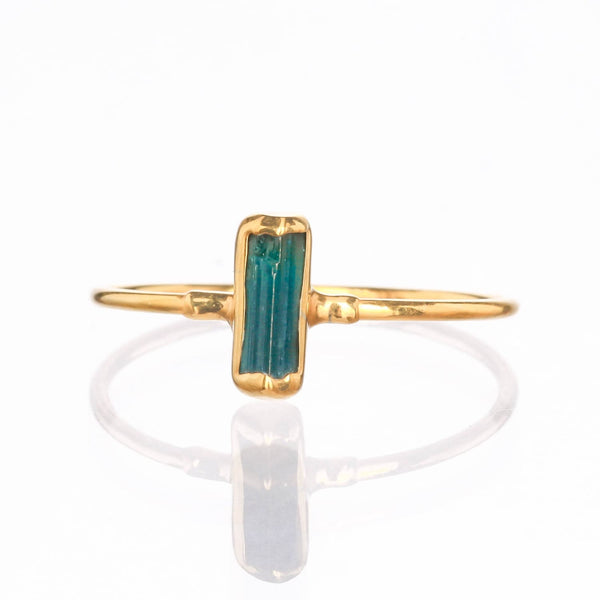 Vertical Raw Dark Blue Tourmaline Bar Ring Dainty Gold