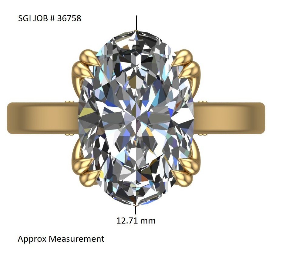 A design rendering of an oval three stone ring