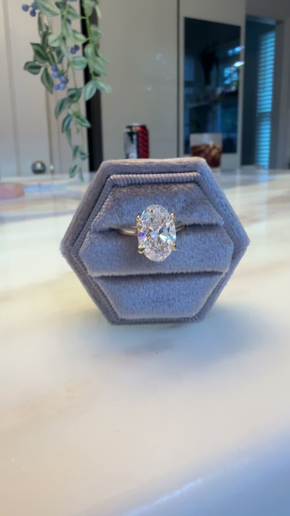 An oval solitaire ring standing in an open velvet ring box