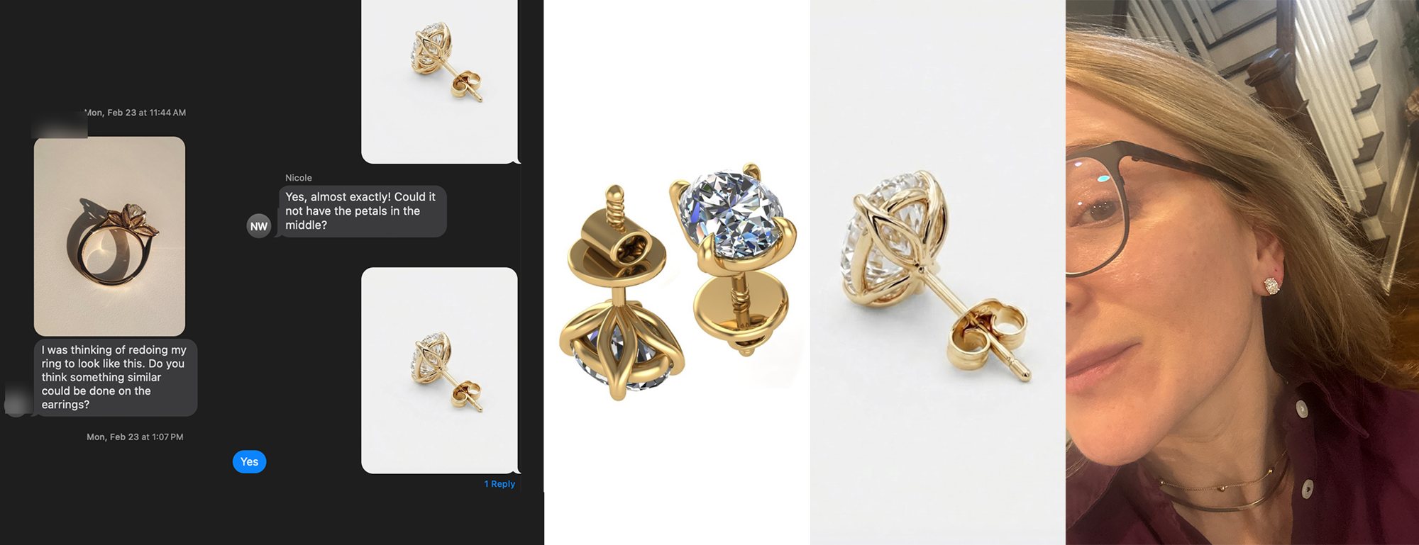 Four stages of one commission: a message asking whether a ring design could be made as earrings, a design rendering, the finished earrings, and the earrings being worn